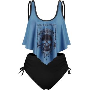 Rosegal Womens Plus Size Curve Gothic Skull Print Ruffled Overlay Tankini Swimwear Set(Blue_10)