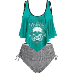 Rosegal Womens Plus Size Curve Gothic Skull Print Ruffled Overlay Tankini Swimwear Set(Green)