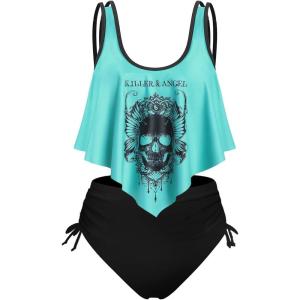 Rosegal Womens Plus Size Curve Gothic Skull Print Ruffled Overlay Tankini Swimwear Set(Green_1)