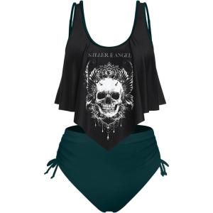 Rosegal Womens Plus Size Curve Gothic Skull Print Ruffled Overlay Tankini Swimwear Set(Green_13)