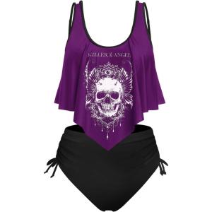 Rosegal Womens Plus Size Curve Gothic Skull Print Ruffled Overlay Tankini Swimwear Set(Purple_10)
