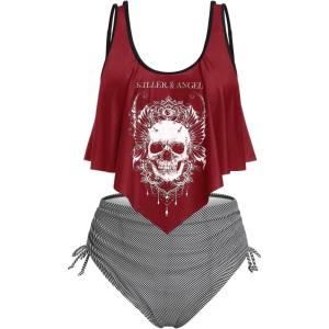 Rosegal Womens Plus Size Curve Gothic Skull Print Ruffled Overlay Tankini Swimwear Set(Red)