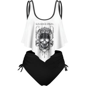 Rosegal Womens Plus Size Curve Gothic Skull Print Ruffled Overlay Tankini Swimwear Set(White_2)