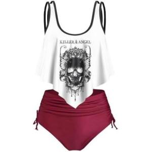 Rosegal Womens Plus Size Curve Gothic Skull Print Ruffled Overlay Tankini Swimwear Set(White_5)