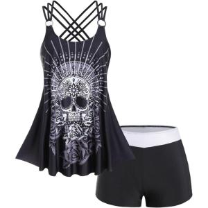 Rosegal Womens Plus Size Modest Skull Rose Print Rings Crisscross Boyshorts Tankini Swimsuit Set(Black_3)