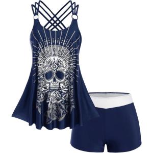 Rosegal Womens Plus Size Modest Skull Rose Print Rings Crisscross Boyshorts Tankini Swimsuit Set(Blue)
