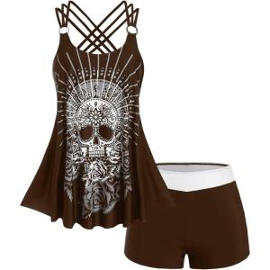 Rosegal Womens Plus Size Modest Skull Rose Print Rings Crisscross Boyshorts Tankini Swimsuit Set(Deep Coffee)