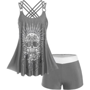 Rosegal Womens Plus Size Modest Skull Rose Print Rings Crisscross Boyshorts Tankini Swimsuit Set(Gray)