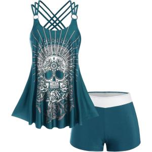 Rosegal Womens Plus Size Modest Skull Rose Print Rings Crisscross Boyshorts Tankini Swimsuit Set(Green)