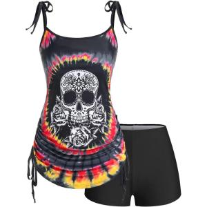 Rosegal Womens Plus Size Skull Rose Tie Dye Print Cinched Ruched Tie Boyshorts Tankini Swimsuit Set(Black_4)