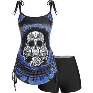 Rosegal Womens Plus Size Skull Rose Tie Dye Print Cinched Ruched Tie Boyshorts Tankini Swimsuit Set(Blue)