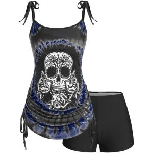 Rosegal Womens Plus Size Skull Rose Tie Dye Print Cinched Ruched Tie Boyshorts Tankini Swimsuit Set(Dark Gray)