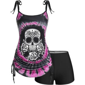 Rosegal Womens Plus Size Skull Rose Tie Dye Print Cinched Ruched Tie Boyshorts Tankini Swimsuit Set(Deep Red)