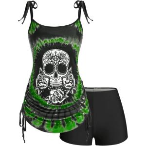Rosegal Womens Plus Size Skull Rose Tie Dye Print Cinched Ruched Tie Boyshorts Tankini Swimsuit Set(Green)