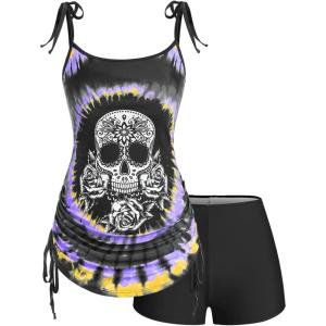 Rosegal Womens Plus Size Skull Rose Tie Dye Print Cinched Ruched Tie Boyshorts Tankini Swimsuit Set(Light Purple)