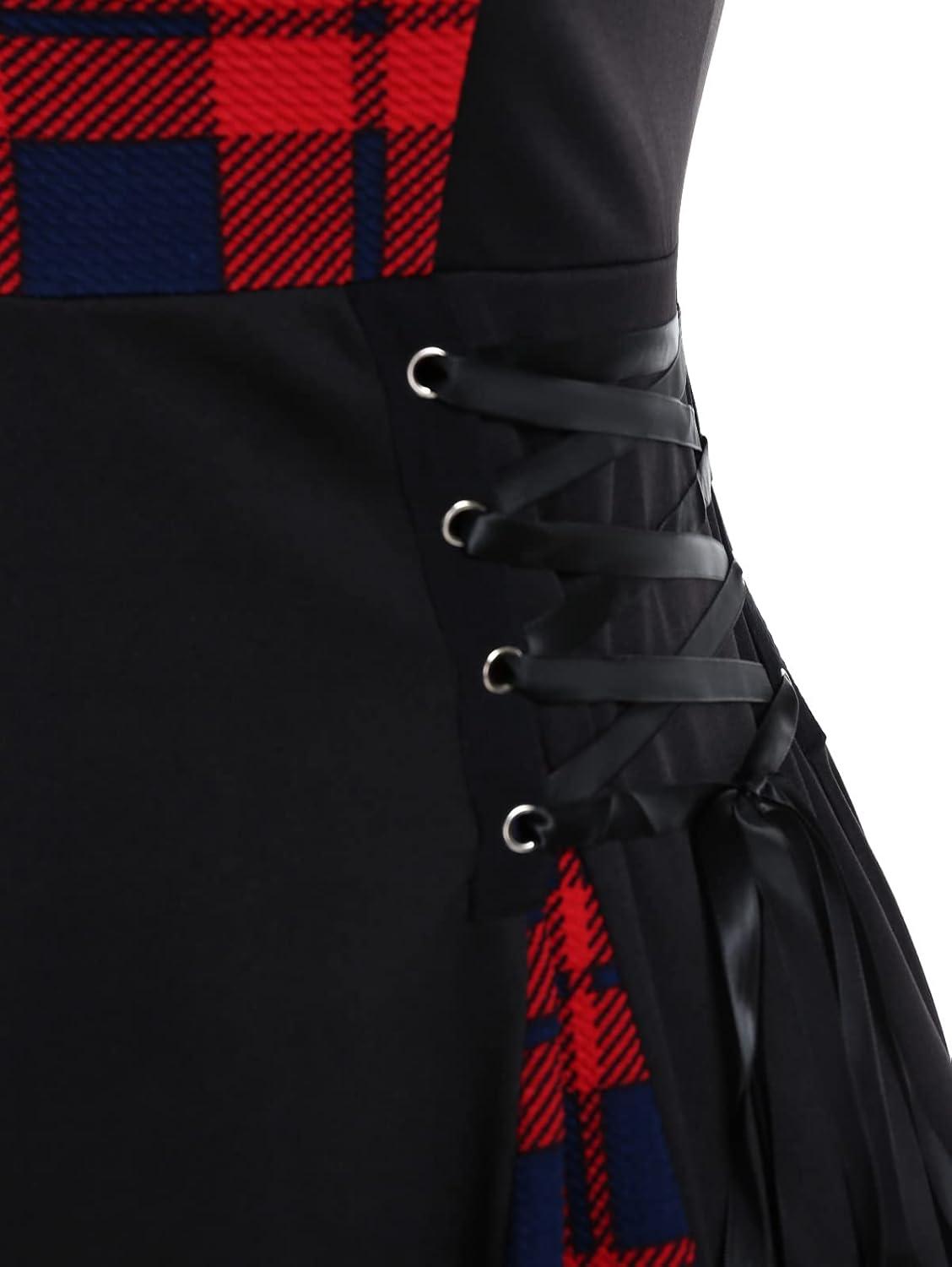 image:imageROSE GAL Gothic Lace Up Plaid Half Zipper Fit and Flare Gothic DressBlack219