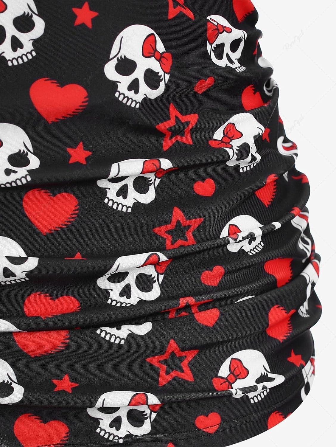 image:imageROSE GAL Rosegal Plus Size Women 2 Piece Swimsuit Skull Heart Print Ruched Tummy Control Tankini SwimwearBlack6