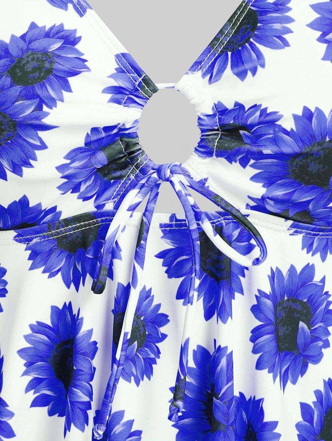 image:imageROSE GAL Rosegal Women Plus Size Modest Tankini Swimsuit Handkerchief Sunflower Cinched Boyleg SwimwerBlue3