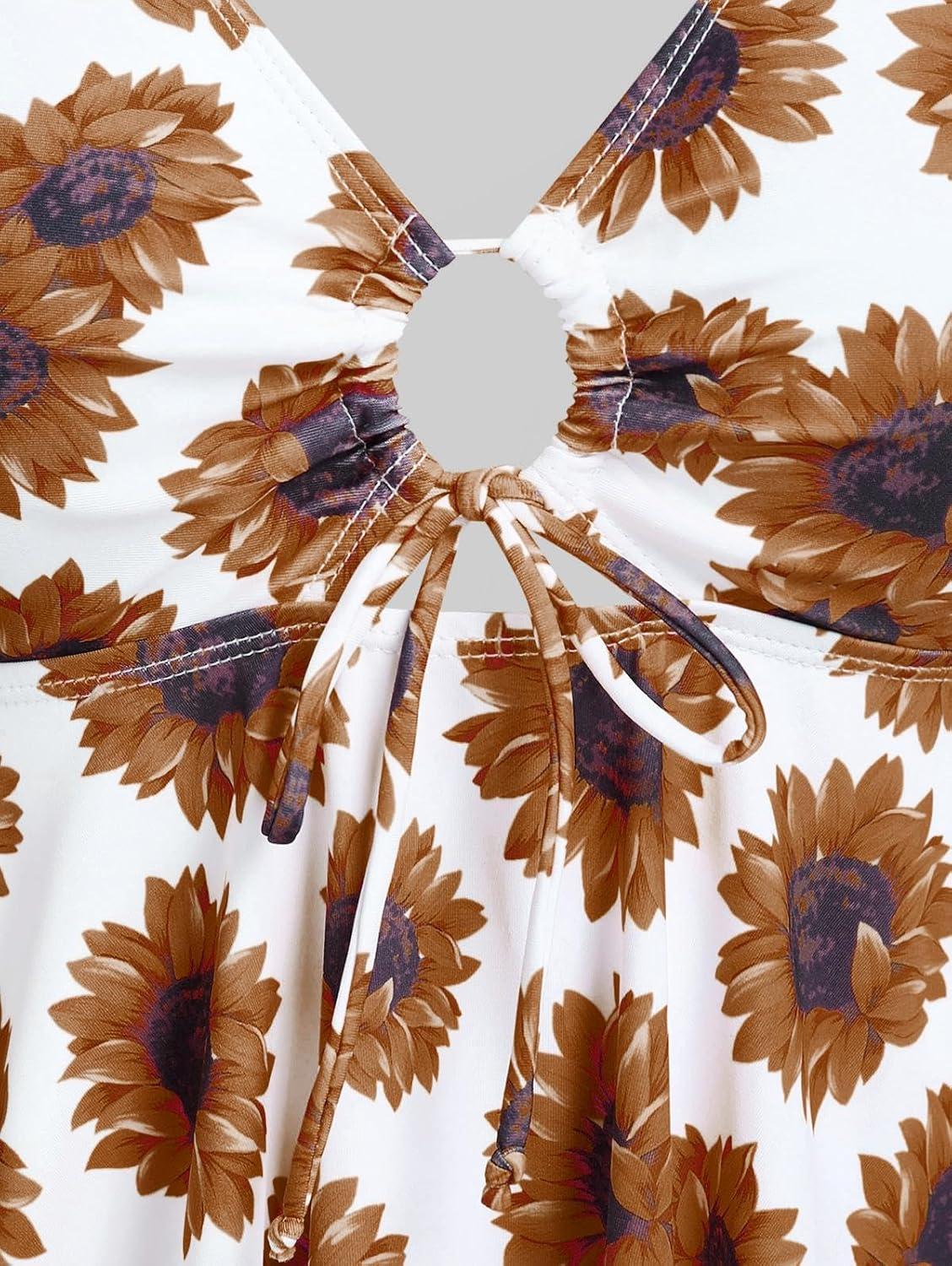 image:imageROSE GAL Rosegal Women Plus Size Modest Tankini Swimsuit Handkerchief Sunflower Cinched Boyleg SwimwerCoffee1