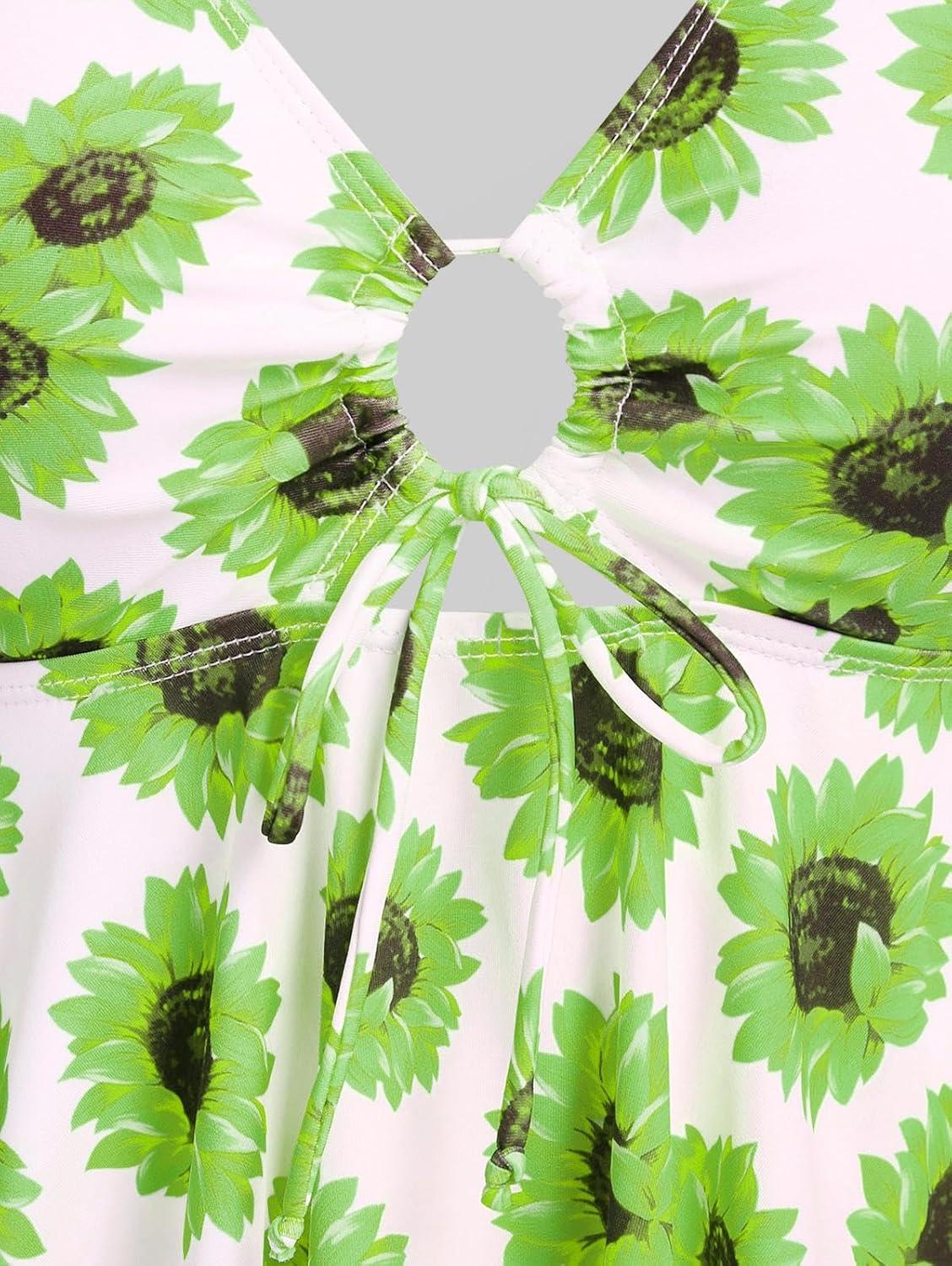 image:imageROSE GAL Rosegal Women Plus Size Modest Tankini Swimsuit Handkerchief Sunflower Cinched Boyleg SwimwerGreen2