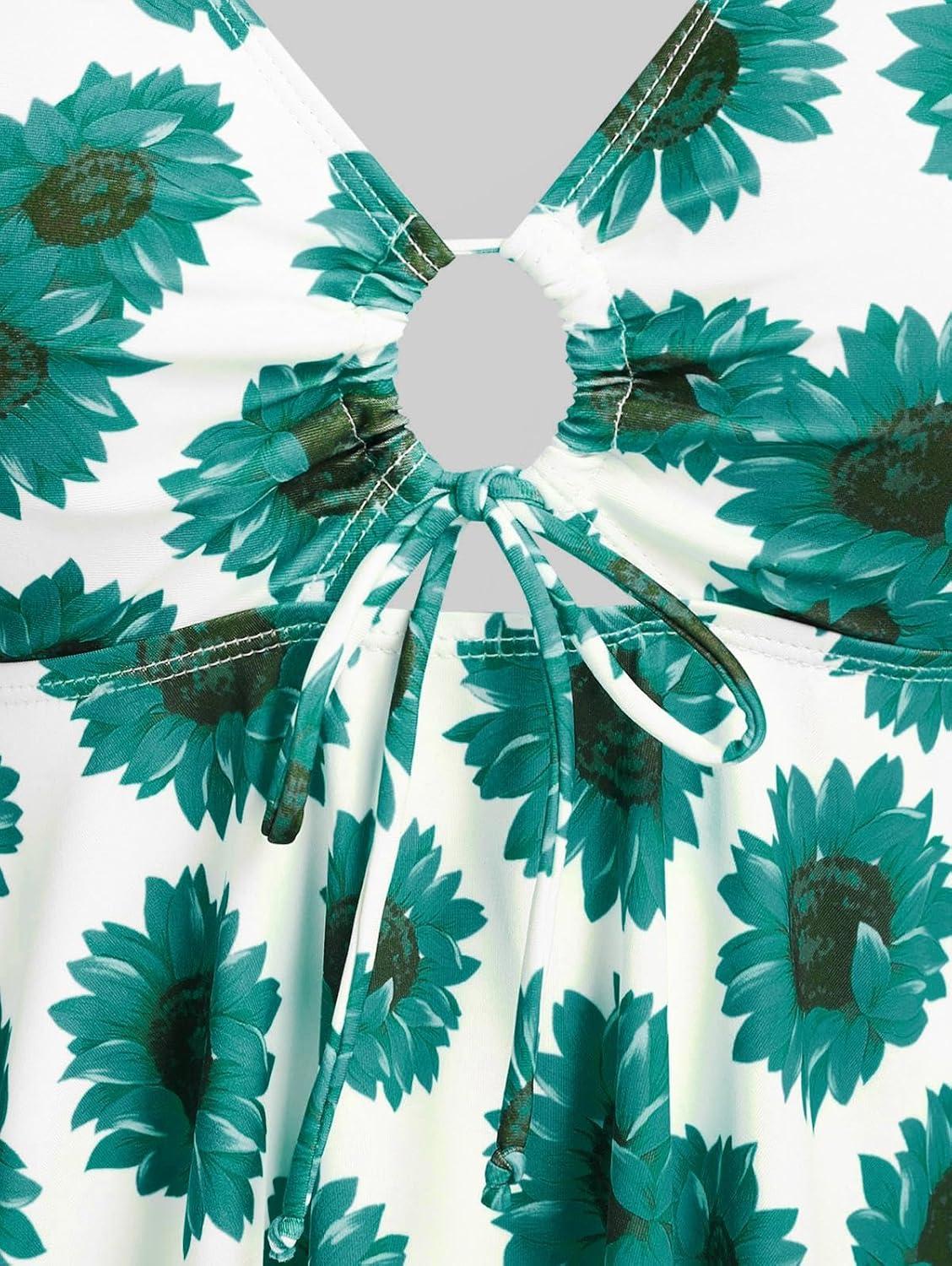 image:imageROSE GAL Rosegal Women Plus Size Modest Tankini Swimsuit Handkerchief Sunflower Cinched Boyleg SwimwerGreen3