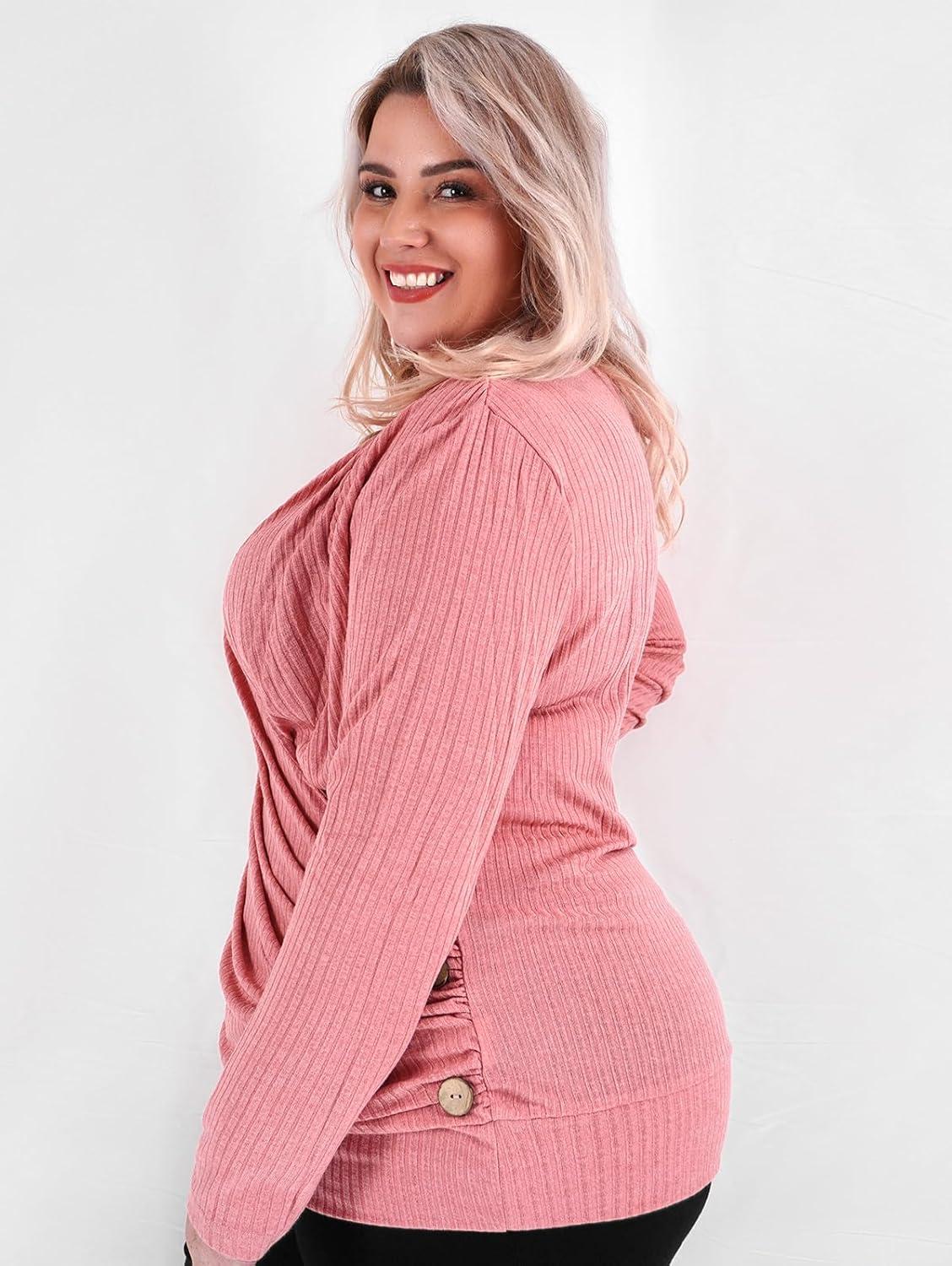 image:imageROSE GAL Rosegal Womens Plus Size Wide Ribbed Keyhole Cutout Draped Ruched Surplice Wrap Long Sleeve Blouson TopPink