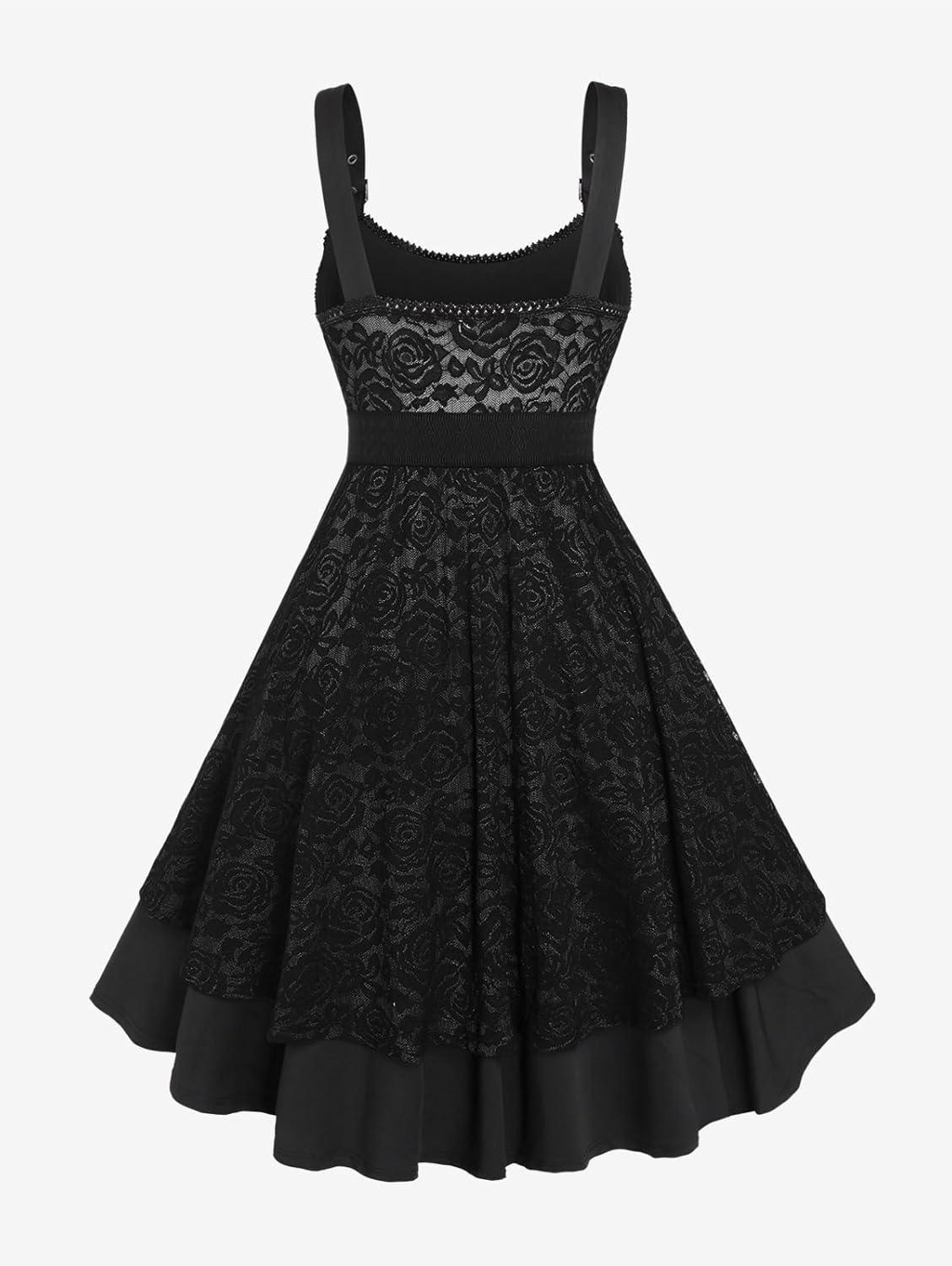 image:imageROSE GAL Women Plus Size 1950s Vintage Floral Lace Jacquard Belt Fit and Flare Dress Cocktail Party DressBalck1