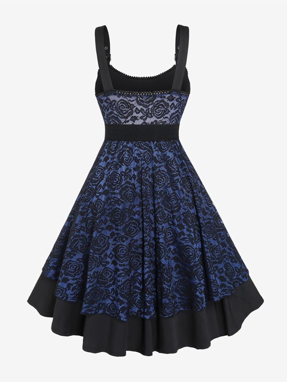 image:imageROSE GAL Women Plus Size 1950s Vintage Floral Lace Jacquard Belt Fit and Flare Dress Cocktail Party DressBlue1