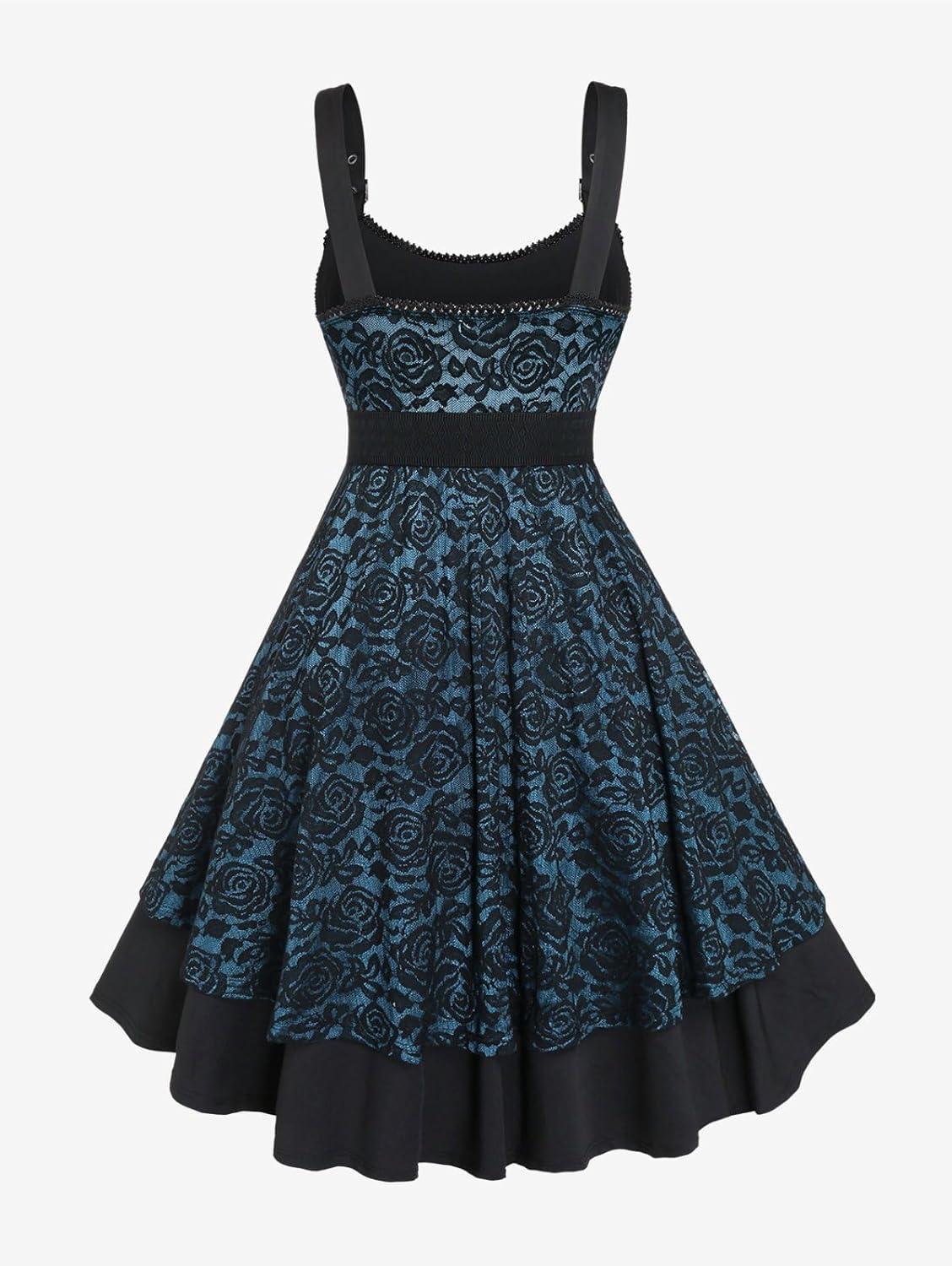 image:imageROSE GAL Women Plus Size 1950s Vintage Floral Lace Jacquard Belt Fit and Flare Dress Cocktail Party DressBlue2