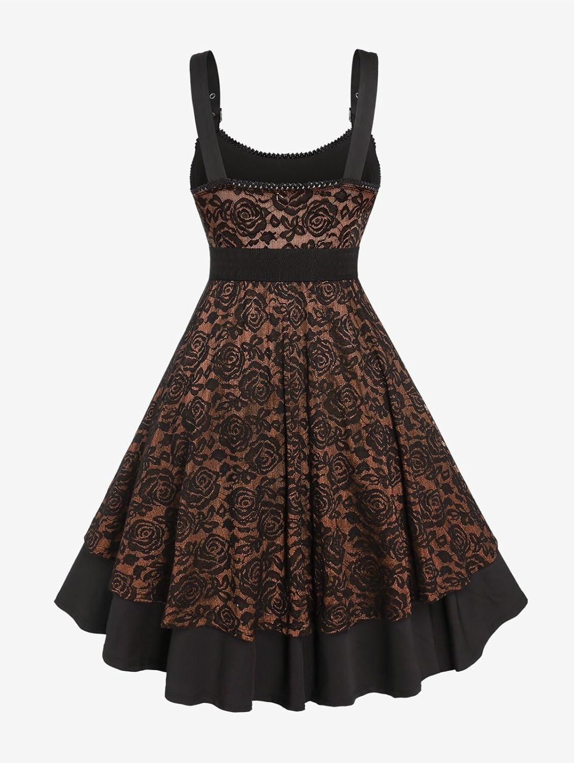 image:imageROSE GAL Women Plus Size 1950s Vintage Floral Lace Jacquard Belt Fit and Flare Dress Cocktail Party DressCoffee1