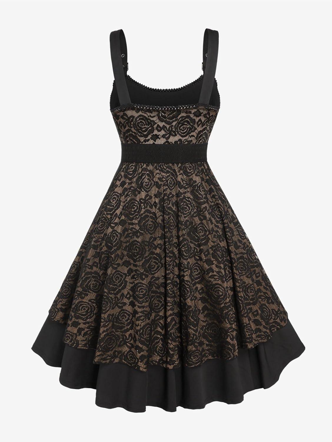 image:imageROSE GAL Women Plus Size 1950s Vintage Floral Lace Jacquard Belt Fit and Flare Dress Cocktail Party DressCoffee2