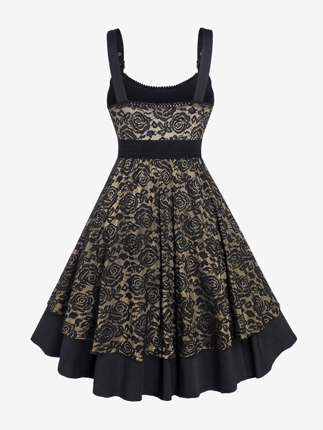 image:imageROSE GAL Women Plus Size 1950s Vintage Floral Lace Jacquard Belt Fit and Flare Dress Cocktail Party DressGolden1