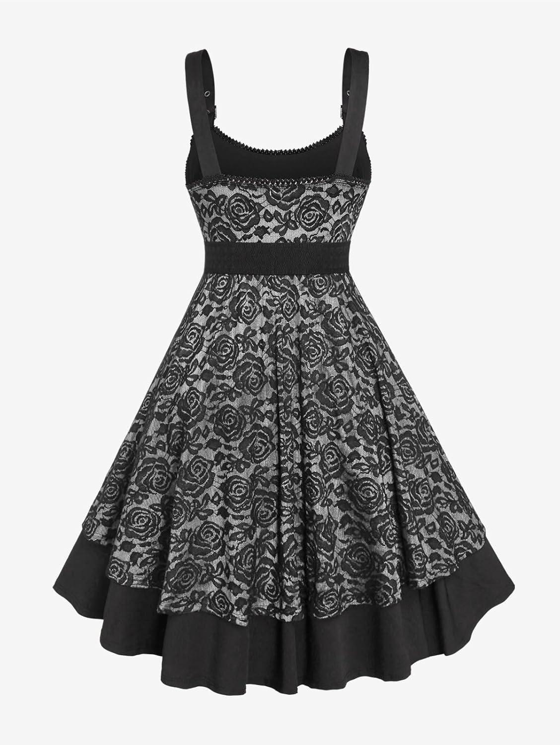 image:imageROSE GAL Women Plus Size 1950s Vintage Floral Lace Jacquard Belt Fit and Flare Dress Cocktail Party DressGray1