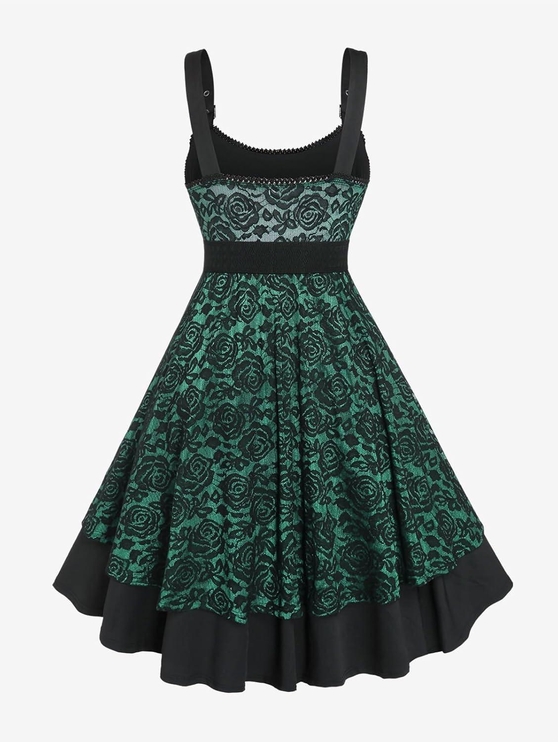image:imageROSE GAL Women Plus Size 1950s Vintage Floral Lace Jacquard Belt Fit and Flare Dress Cocktail Party DressGreen1