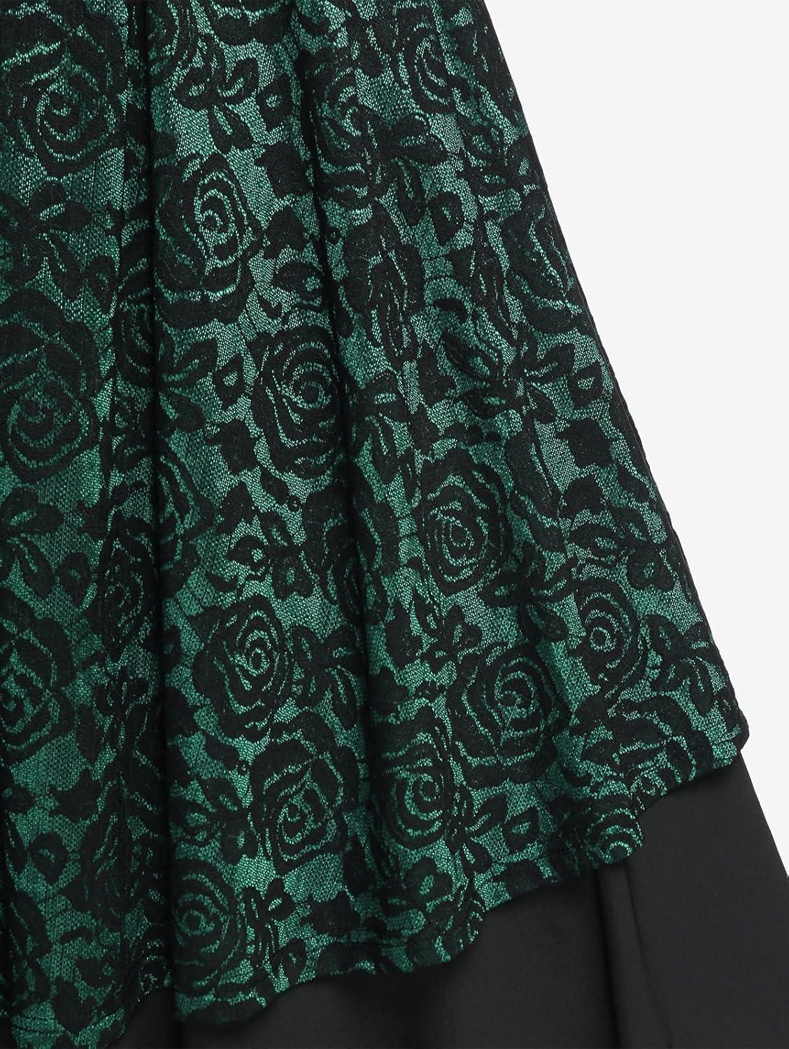 image:imageROSE GAL Women Plus Size 1950s Vintage Floral Lace Jacquard Belt Fit and Flare Dress Cocktail Party DressGreen1