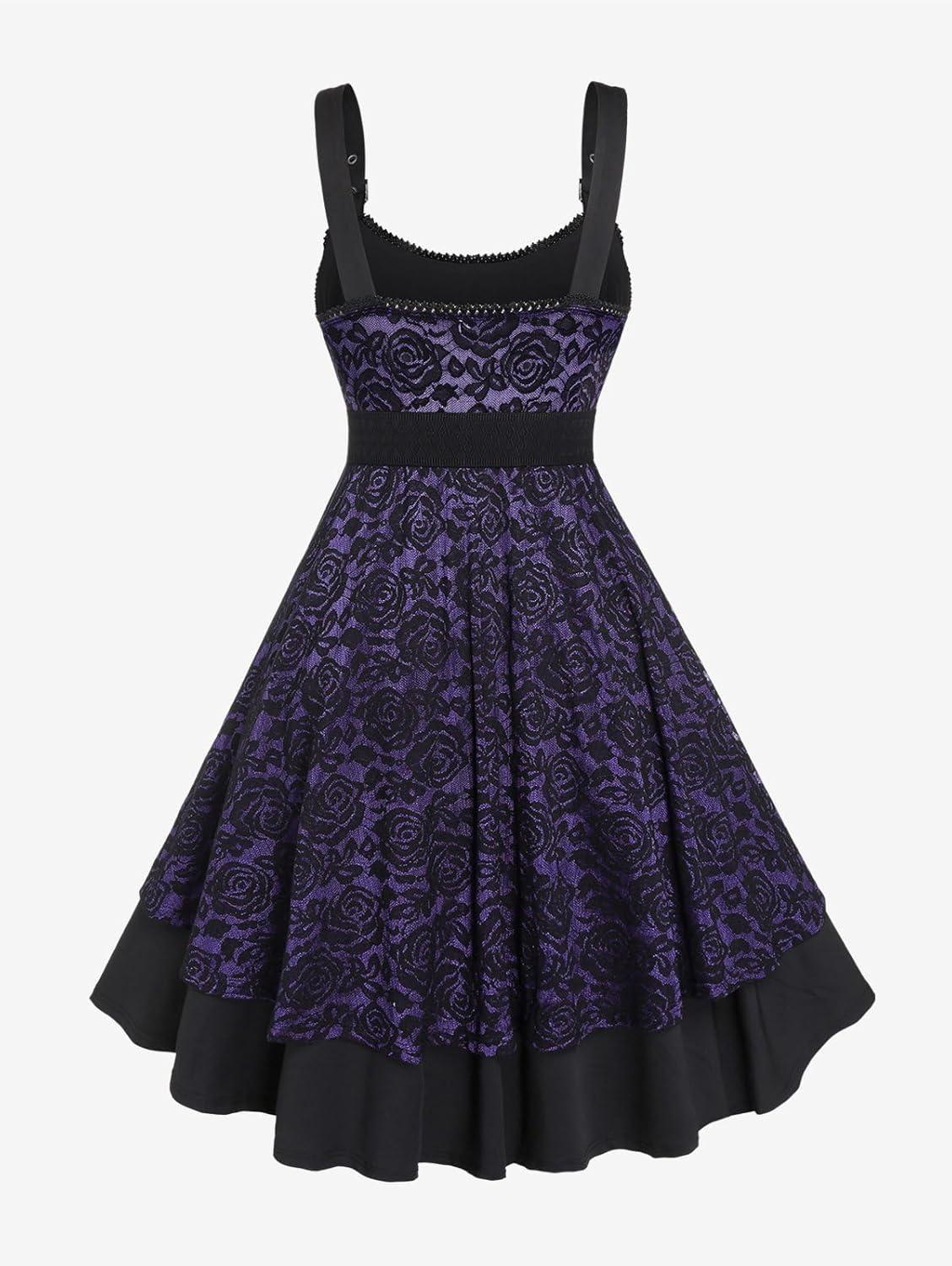 image:imageROSE GAL Women Plus Size 1950s Vintage Floral Lace Jacquard Belt Fit and Flare Dress Cocktail Party DressPurple2
