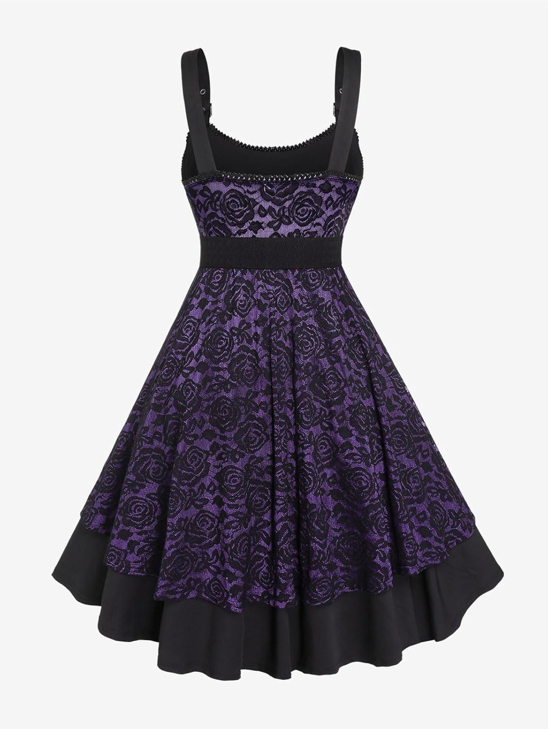 image:imageROSE GAL Women Plus Size 1950s Vintage Floral Lace Jacquard Belt Fit and Flare Dress Cocktail Party DressPurple3