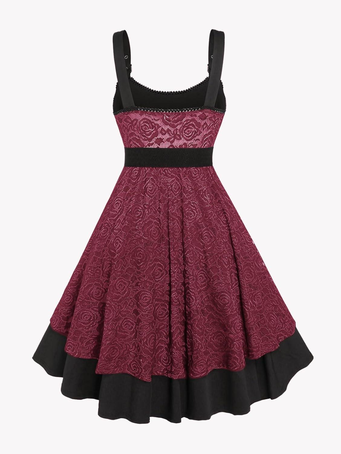 image:imageROSE GAL Women Plus Size 1950s Vintage Floral Lace Jacquard Belt Fit and Flare Dress Cocktail Party DressRed1