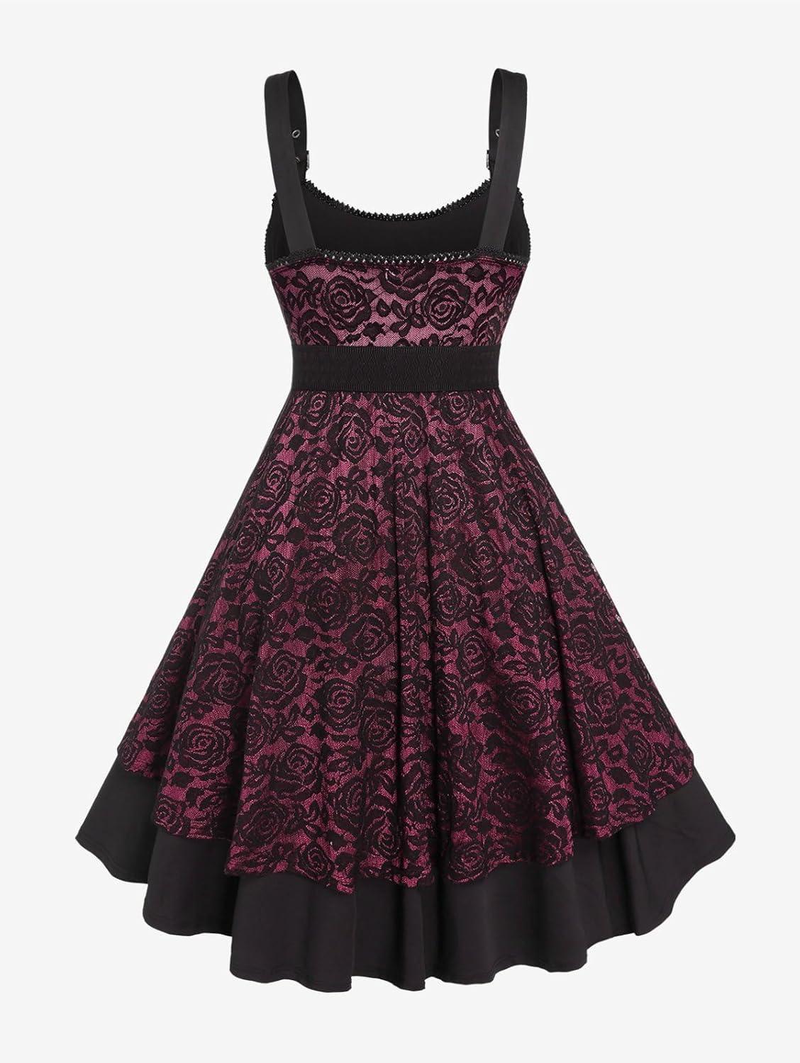 image:imageROSE GAL Women Plus Size 1950s Vintage Floral Lace Jacquard Belt Fit and Flare Dress Cocktail Party DressRed2