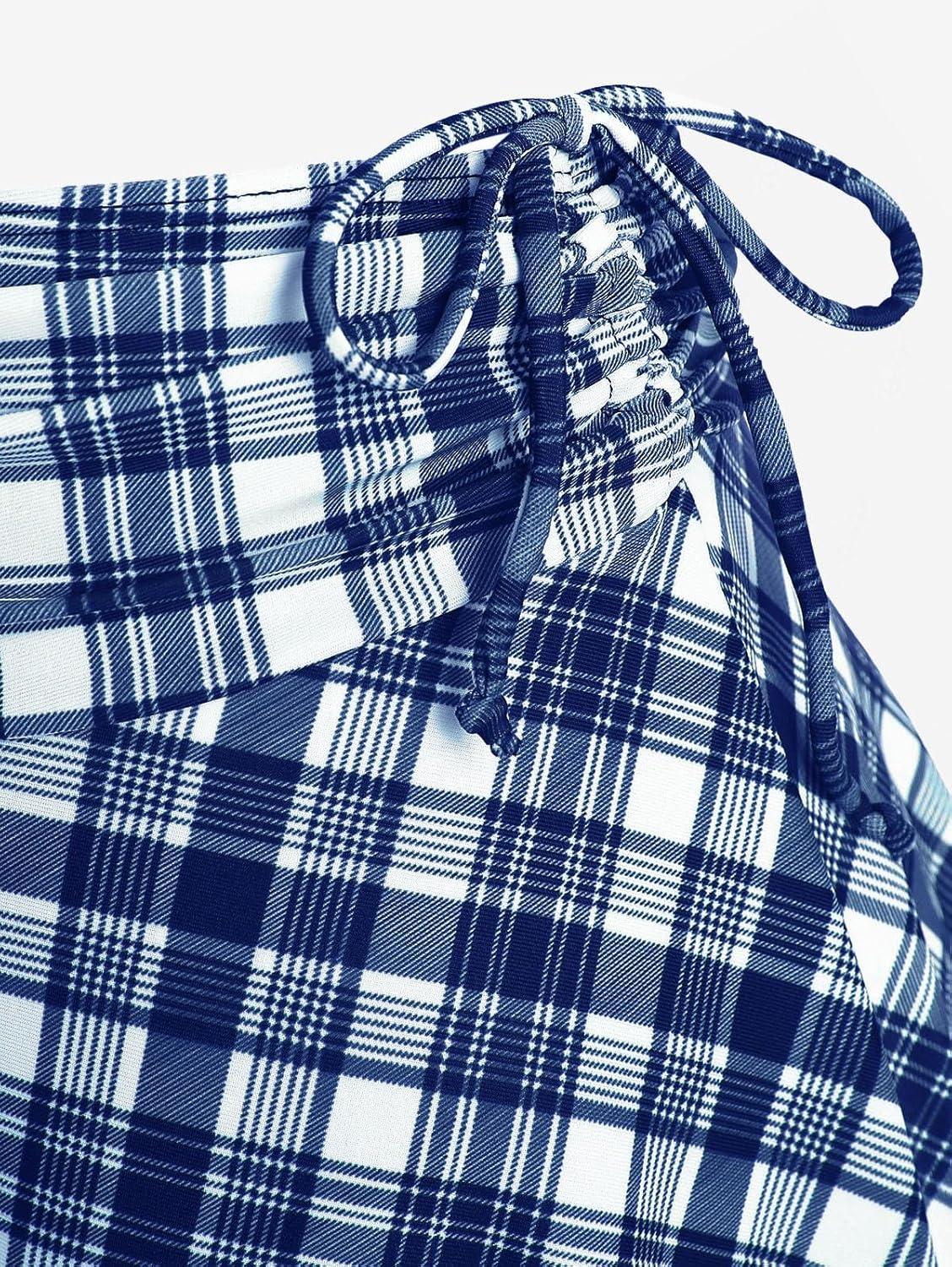 image:imageROSE GAL Women Plus Size 3 Piece Tankini Swimsuit Vintage Bowknot Plaid Tummy Control Bathing SuitBlue1