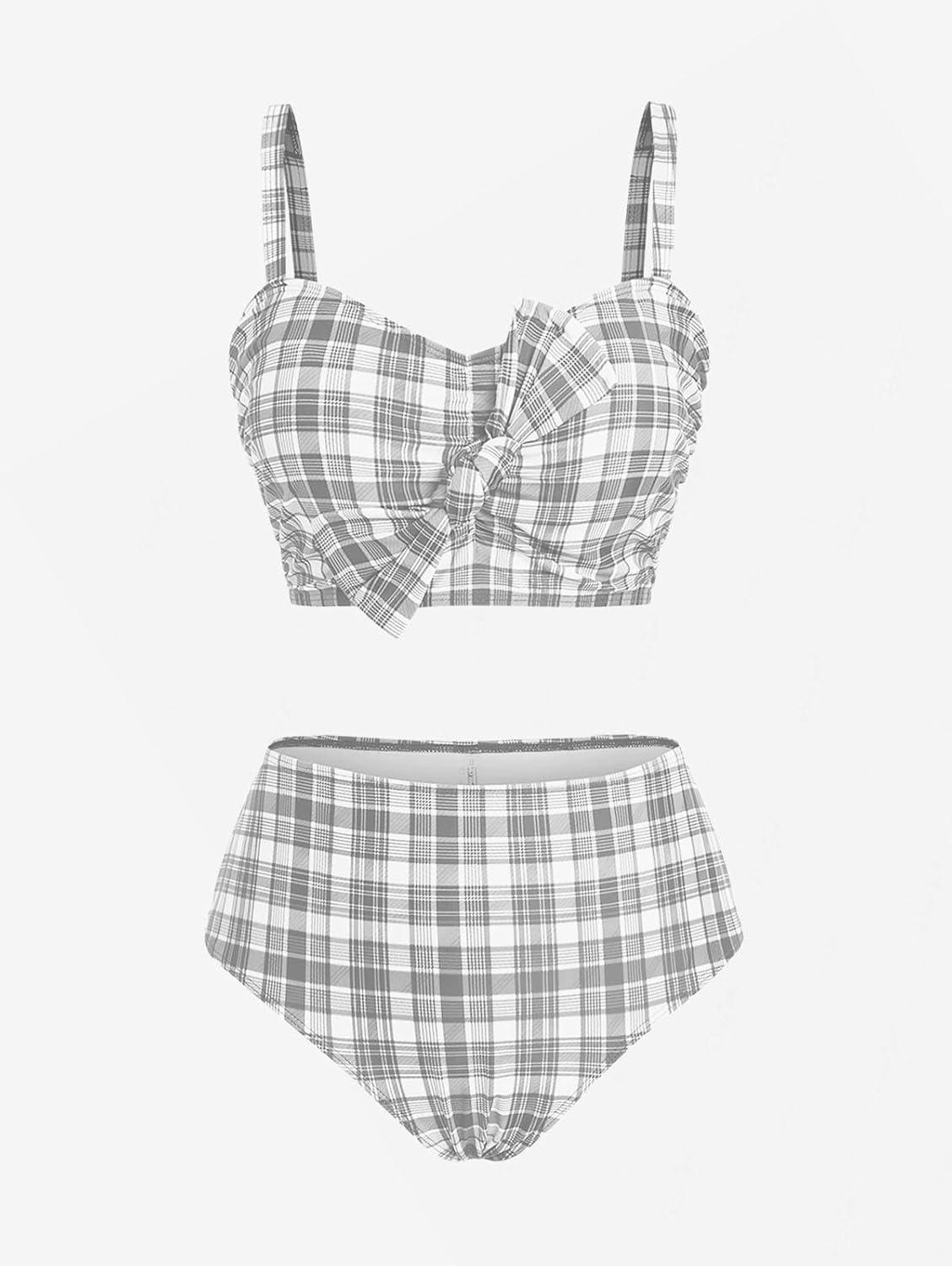 image:imageROSE GAL Women Plus Size 3 Piece Tankini Swimsuit Vintage Bowknot Plaid Tummy Control Bathing SuitGray1