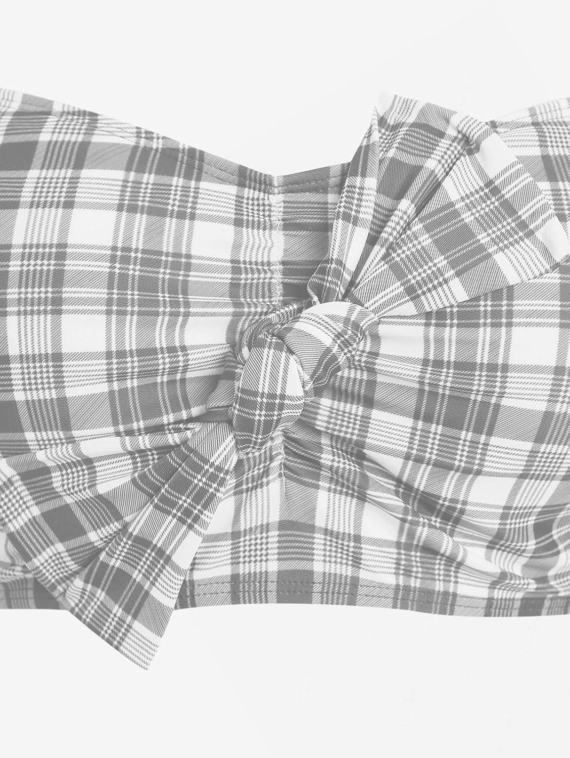 image:imageROSE GAL Women Plus Size 3 Piece Tankini Swimsuit Vintage Bowknot Plaid Tummy Control Bathing SuitGray1