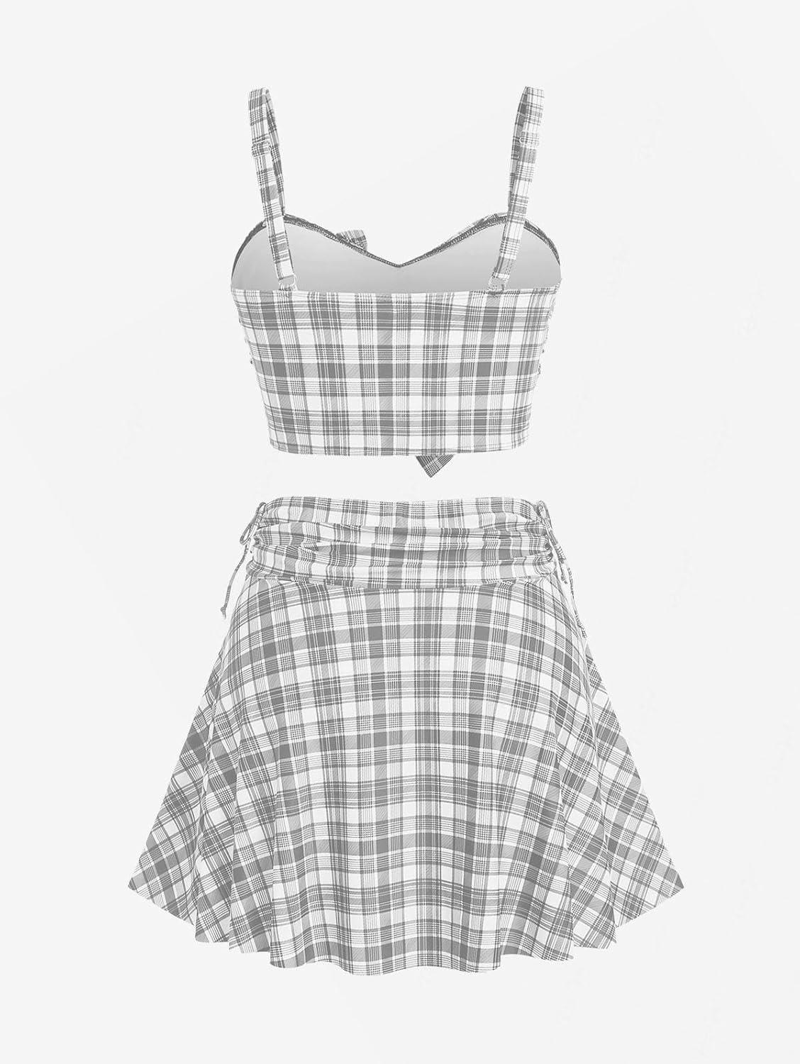 image:imageROSE GAL Women Plus Size 3 Piece Tankini Swimsuit Vintage Bowknot Plaid Tummy Control Bathing SuitGray1