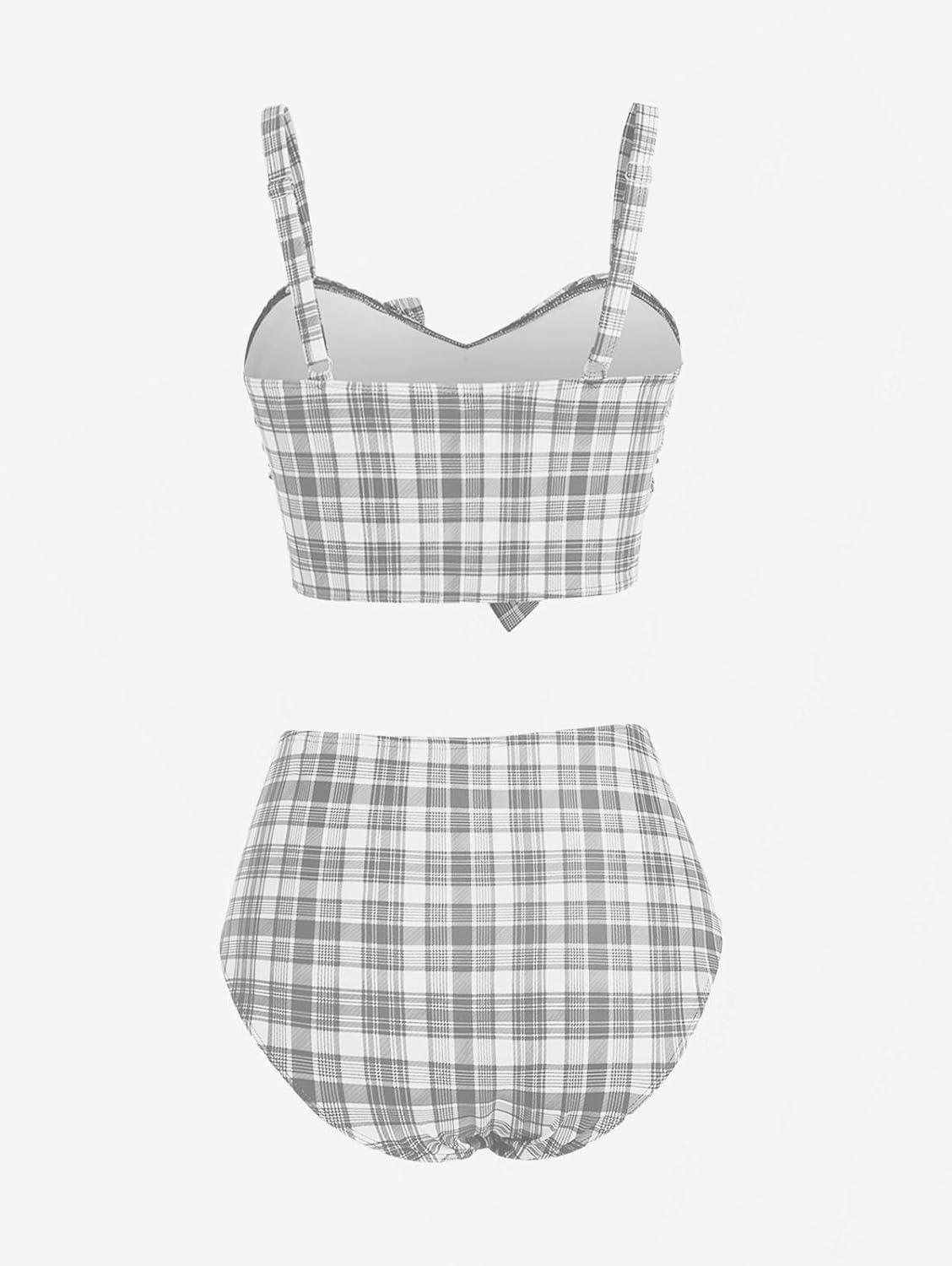 image:imageROSE GAL Women Plus Size 3 Piece Tankini Swimsuit Vintage Bowknot Plaid Tummy Control Bathing SuitGray1