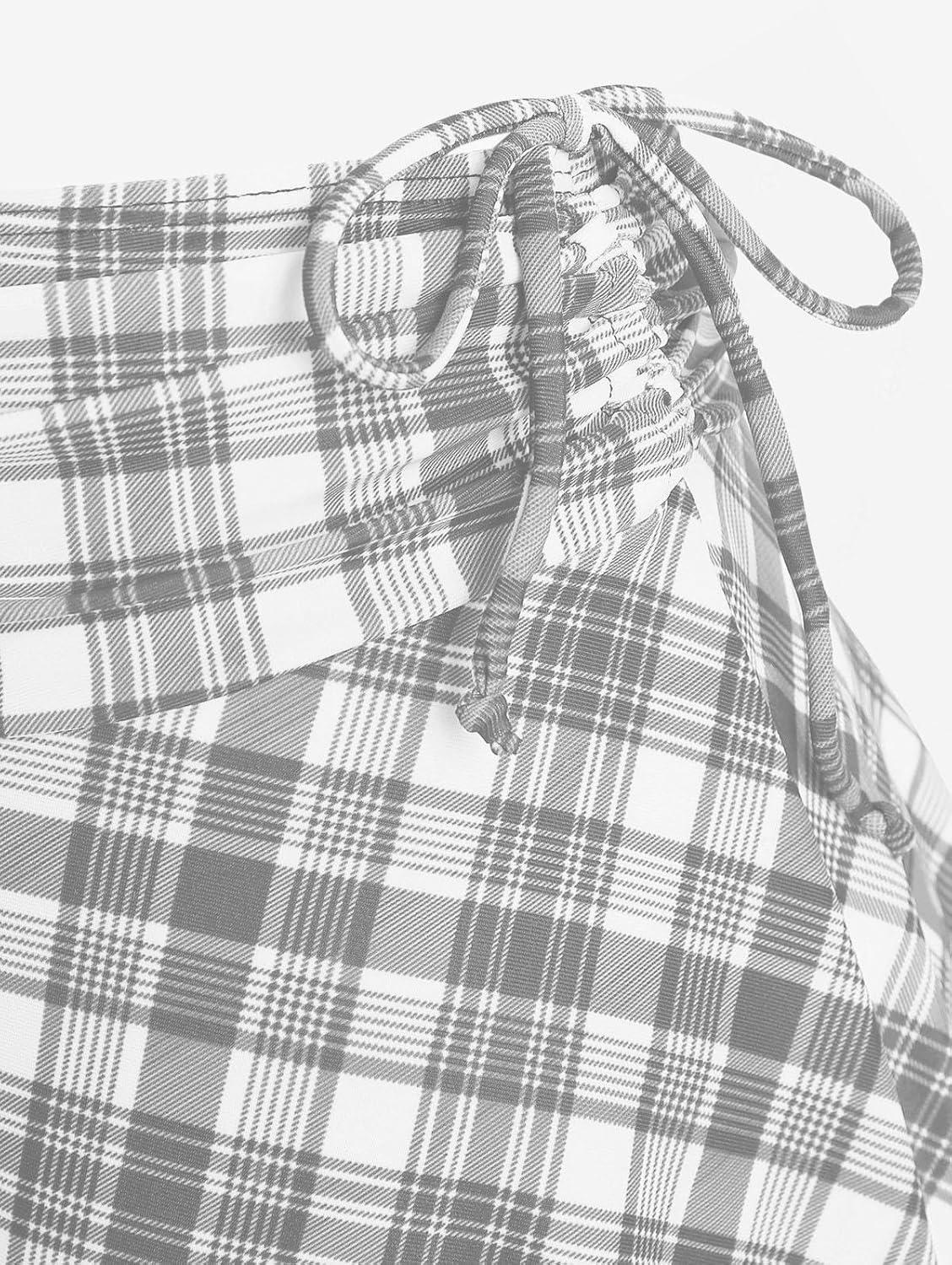 image:imageROSE GAL Women Plus Size 3 Piece Tankini Swimsuit Vintage Bowknot Plaid Tummy Control Bathing SuitGray1