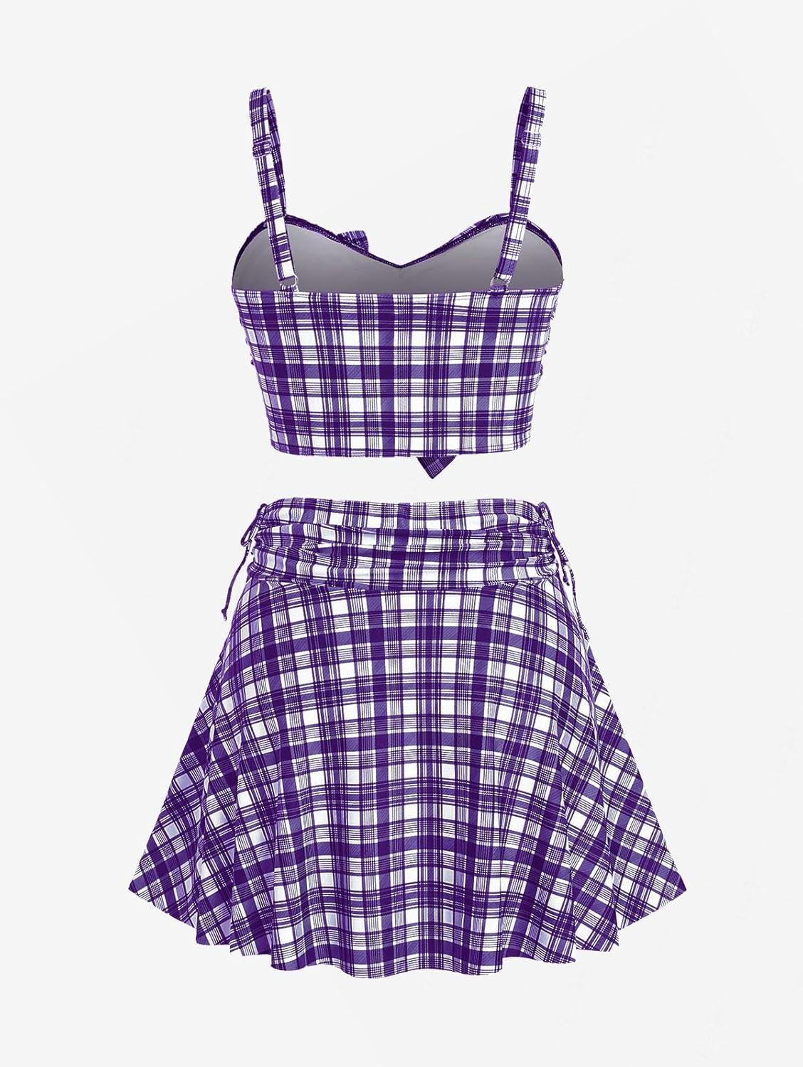 image:imageROSE GAL Women Plus Size 3 Piece Tankini Swimsuit Vintage Bowknot Plaid Tummy Control Bathing SuitPurple1