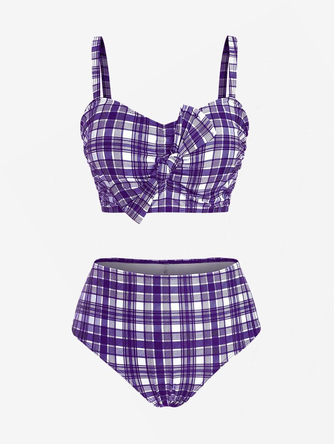 image:imageROSE GAL Women Plus Size 3 Piece Tankini Swimsuit Vintage Bowknot Plaid Tummy Control Bathing SuitPurple1