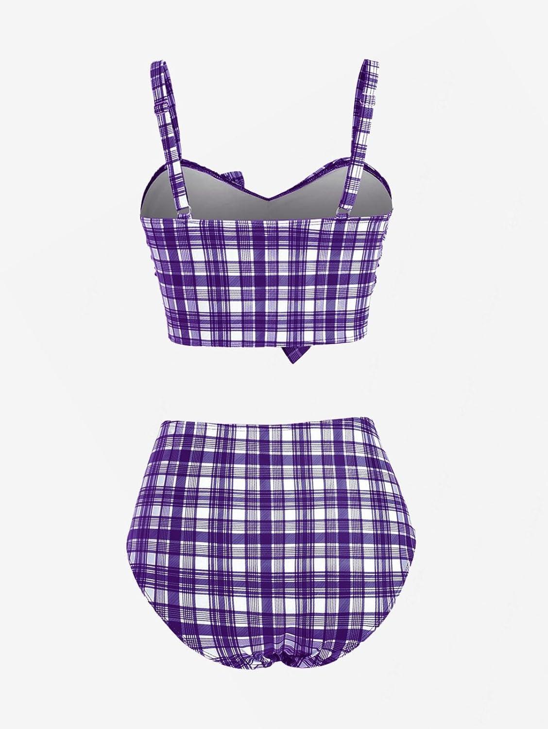 image:imageROSE GAL Women Plus Size 3 Piece Tankini Swimsuit Vintage Bowknot Plaid Tummy Control Bathing SuitPurple1