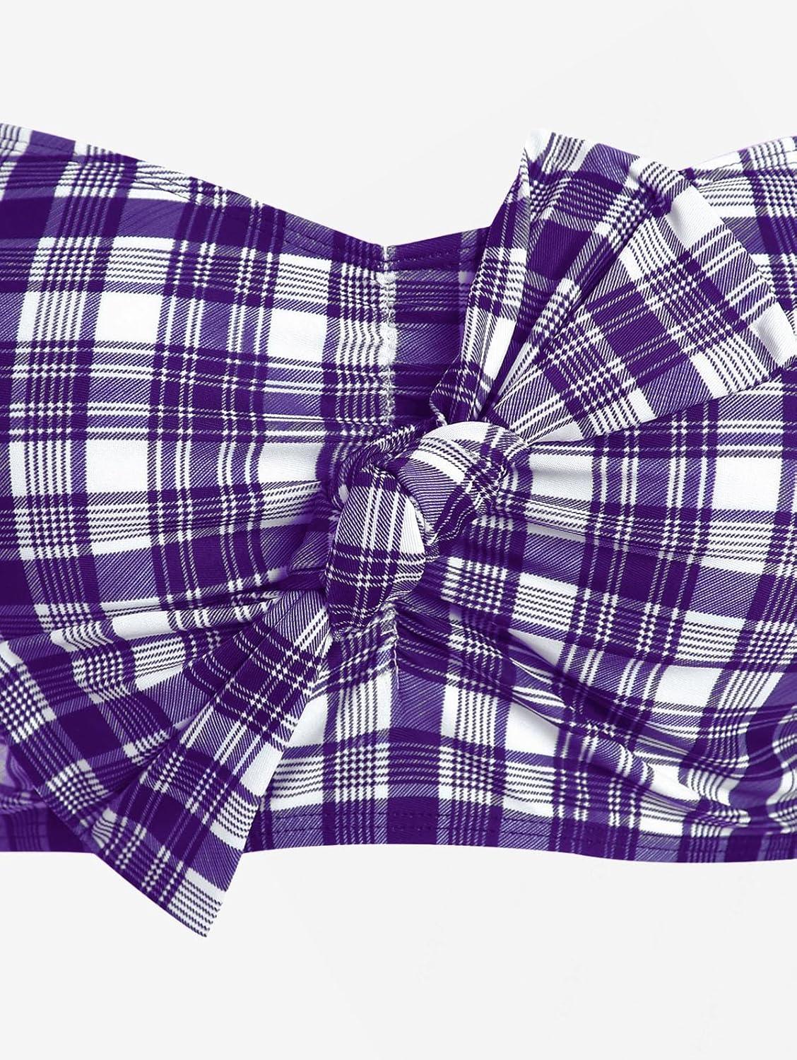 image:imageROSE GAL Women Plus Size 3 Piece Tankini Swimsuit Vintage Bowknot Plaid Tummy Control Bathing SuitPurple1