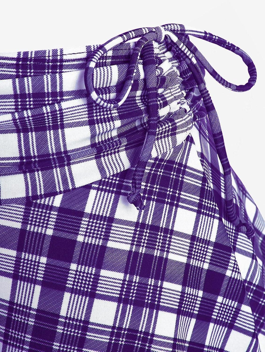 image:imageROSE GAL Women Plus Size 3 Piece Tankini Swimsuit Vintage Bowknot Plaid Tummy Control Bathing SuitPurple1